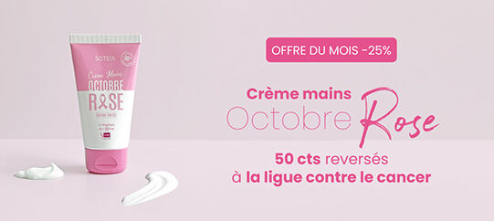 Bénéficiez avec l'Offre du mois de 25% de remise immédiate sur la crème main octobre rose de Soteix !