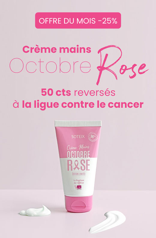 Bénéficiez avec l'Offre du mois de 25% de remise immédiate sur la crème main octobre rose de Soteix !